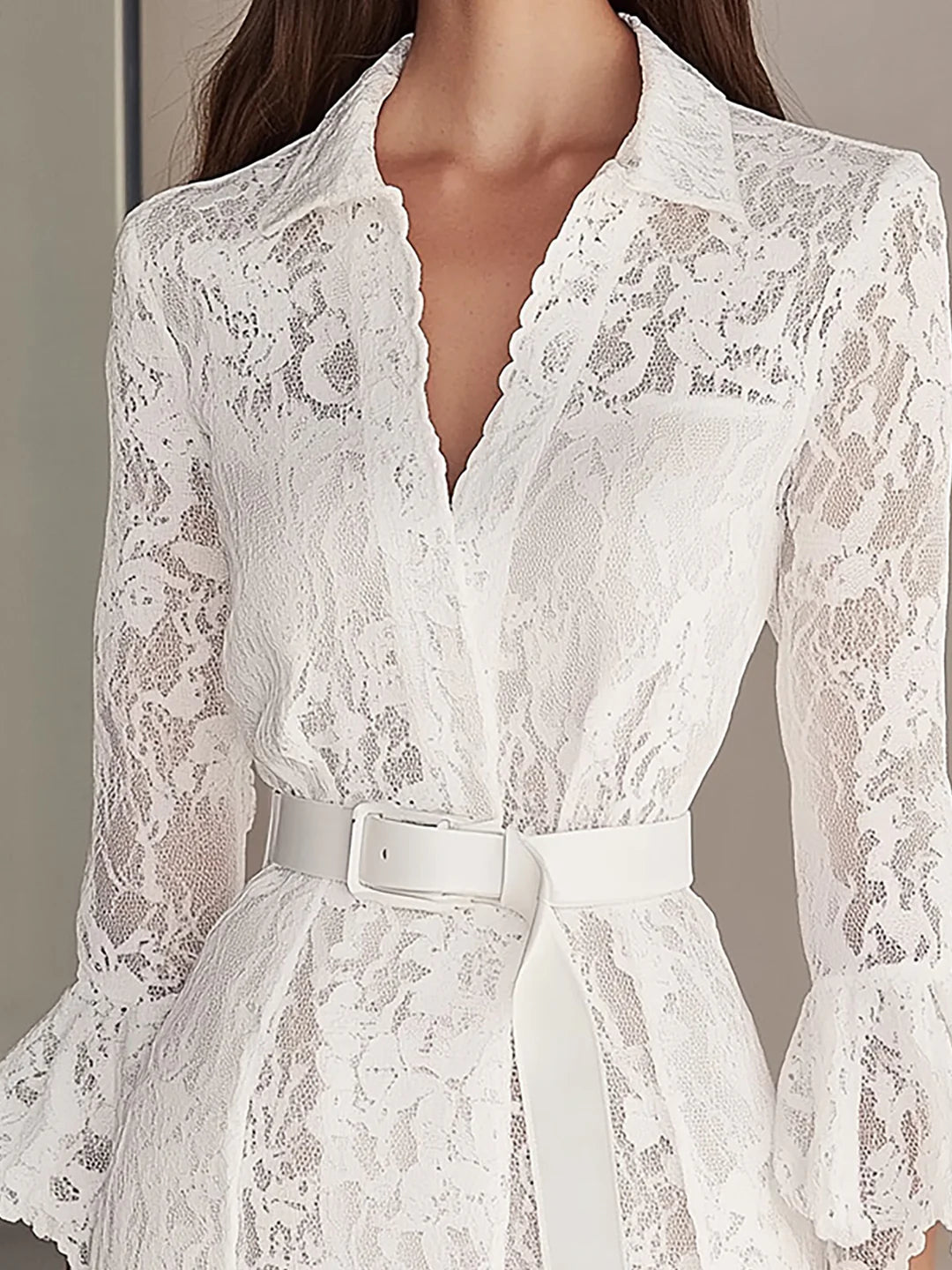 Beyaz Dantelli Kemerli Gömlek Elbise