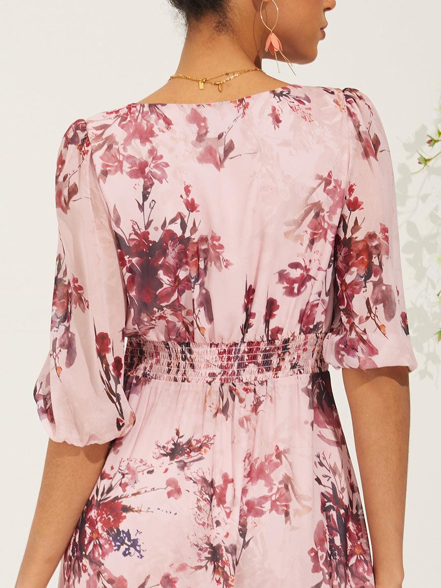 V Yaka Çiçek Desenli Şifon Elbise