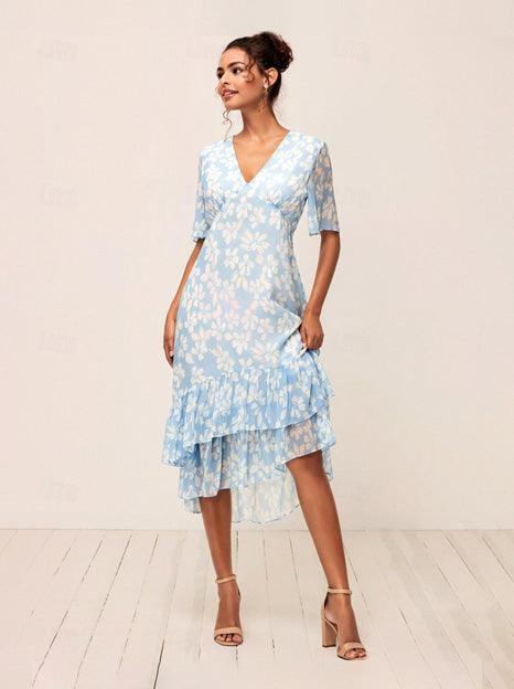 V Yaka Çiçek Desenli Şifon Elbise