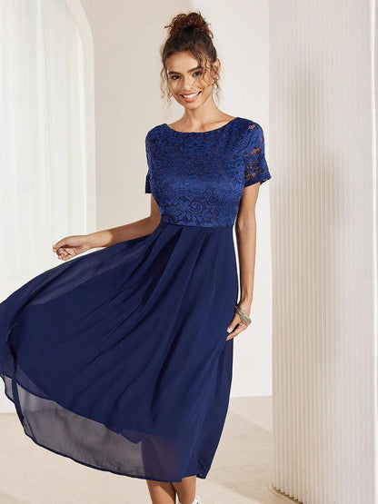 Mavi Şifon Elbise – Dantelli Fırfır Etek Uçları