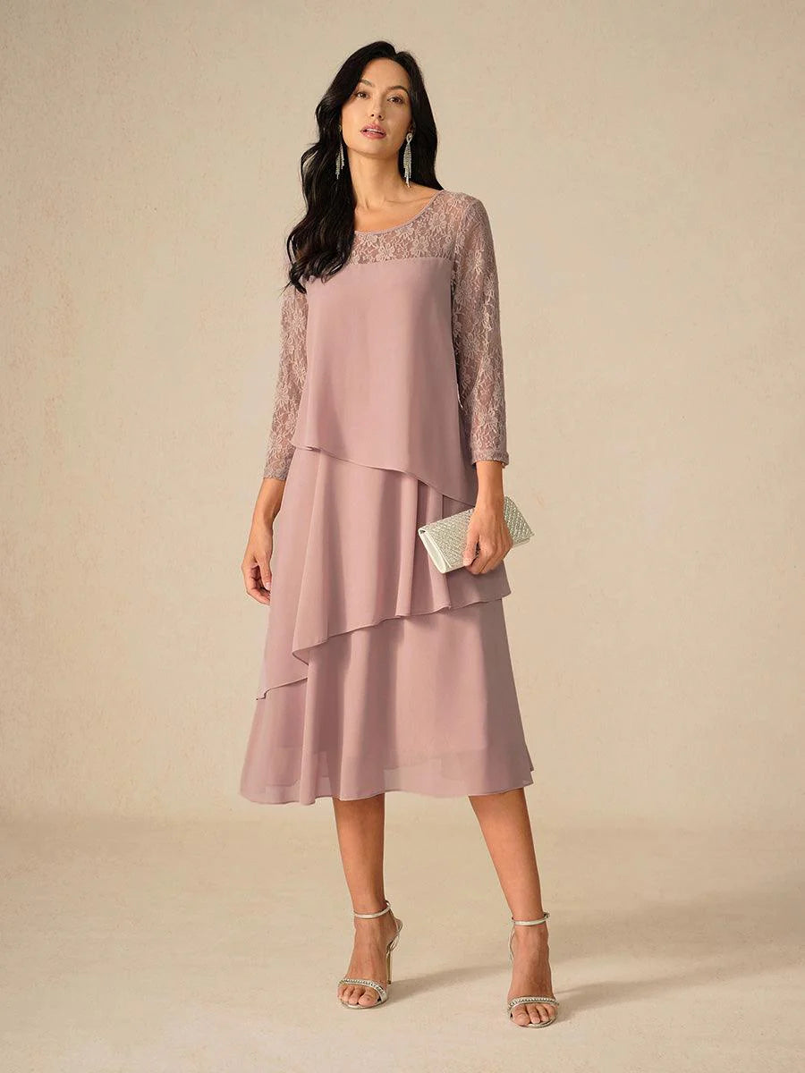 Katmanlı Dantel Detaylı Şifon Elbise