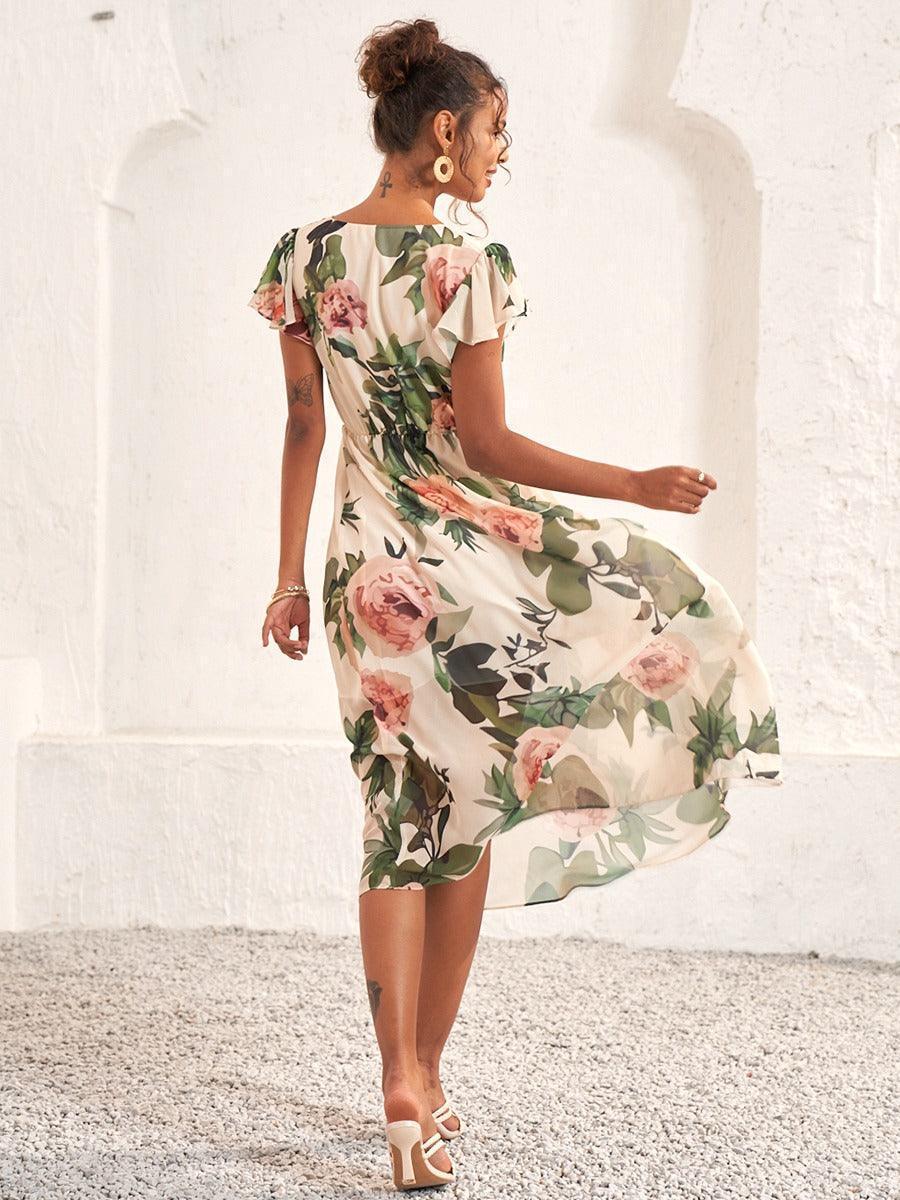 V Yaka Çiçek Desenli Şifon Elbise