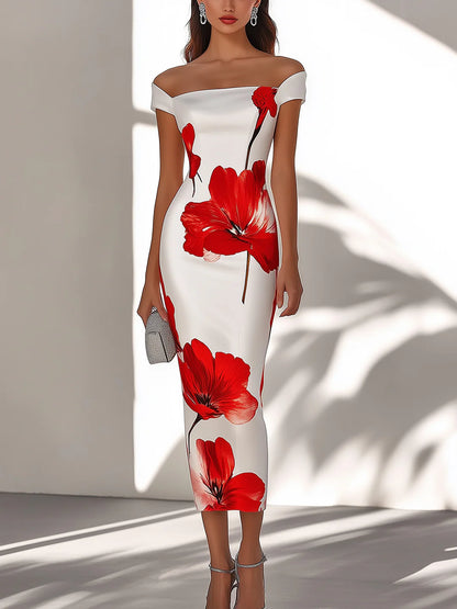 Kırmızı Çiçek Desenli Şık Beyaz Saten Elbise