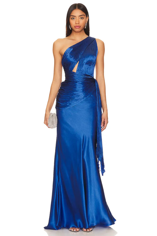 Solid - Tek Omuzlu Yırtmaç Detaylı Uzun Elbise