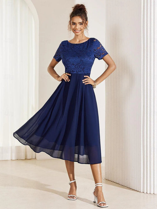 Mavi Şifon Elbise – Dantelli Fırfır Etek Uçları