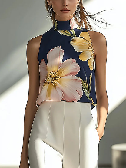 Çiçekli Lacivert Saten Kolsuz Üst