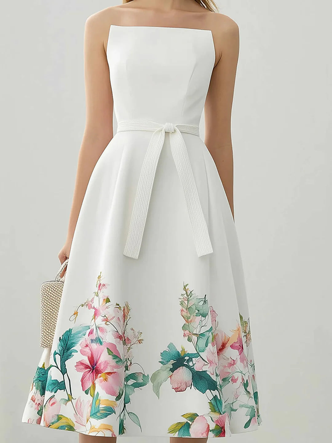 Şık Çiçekli Saten Midi Elbise ve  Kemer