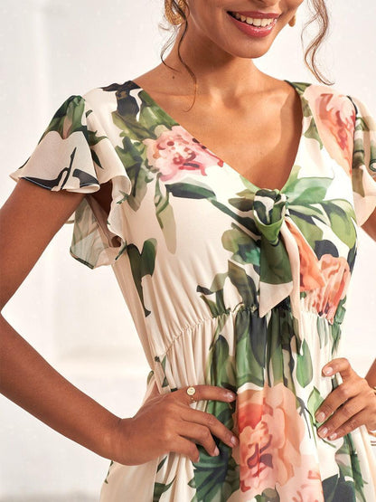 V Yaka Çiçek Desenli Şifon Elbise