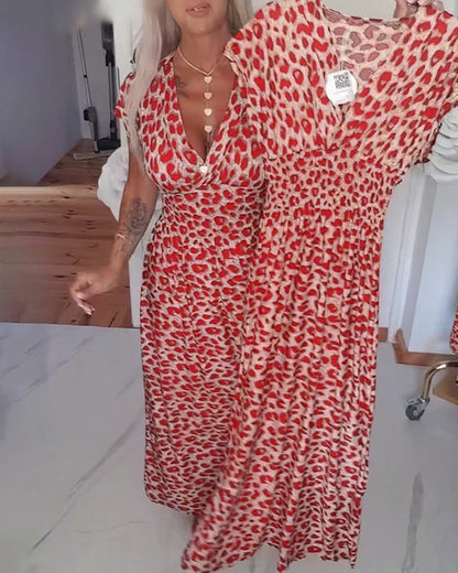 Leopar Desenli V Yakalı Şık Elbise