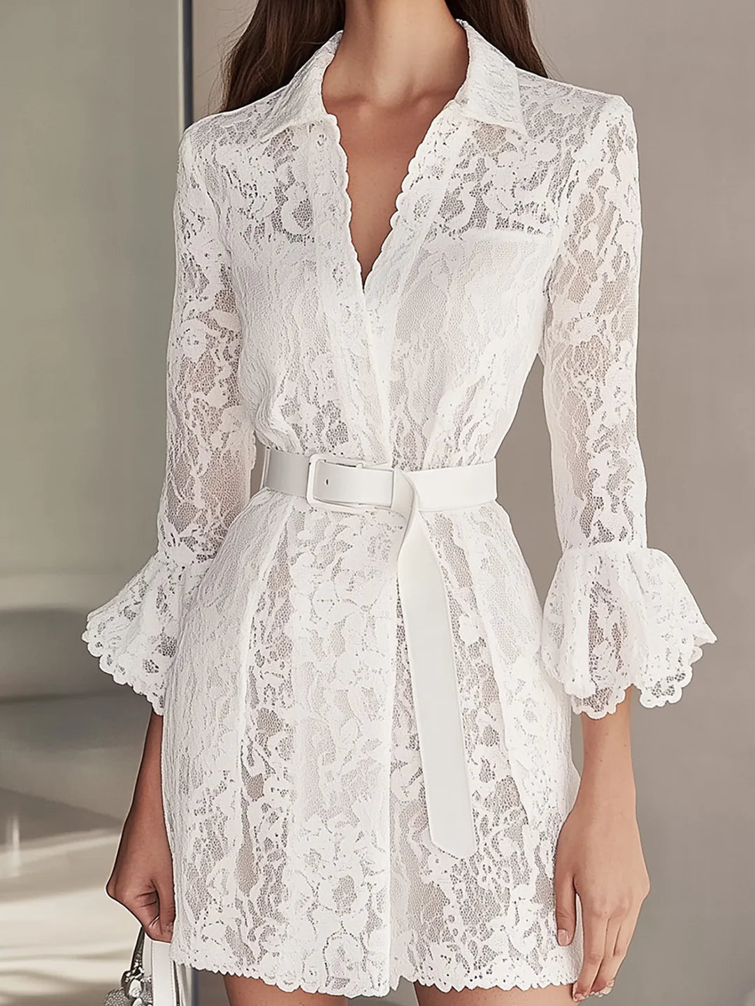 Beyaz Dantelli Kemerli Gömlek Elbise