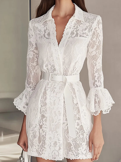 Beyaz Dantelli Kemerli Gömlek Elbise