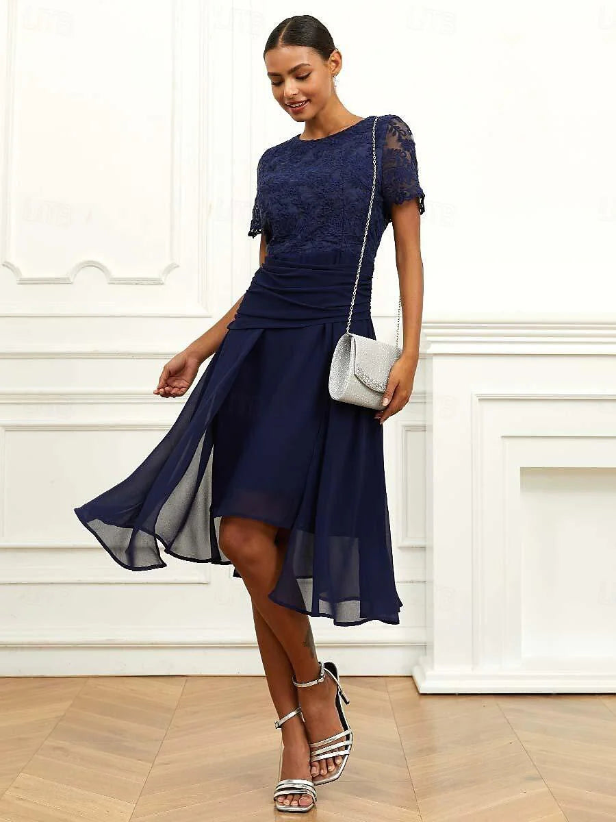 Büzgülü Şifon Midi–Dantel Kombin Elbise