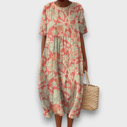 Thaleia – Vintage Çiçek Desenli Midi Elbise