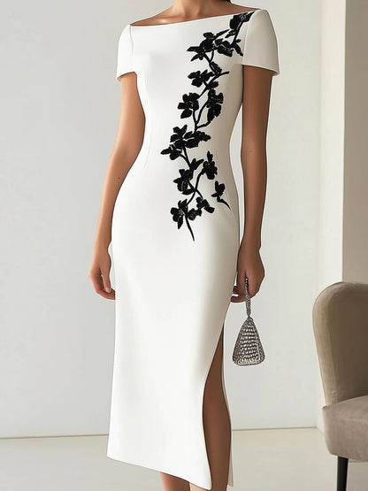 Asimetrik Çiçek Desenli Şık Tekne Yaka Elbise