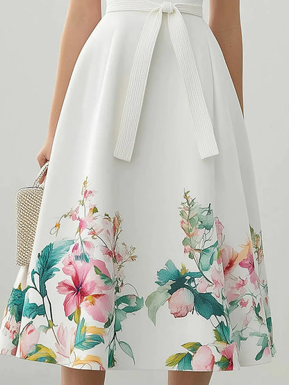 Şık Çiçekli Saten Midi Elbise ve  Kemer