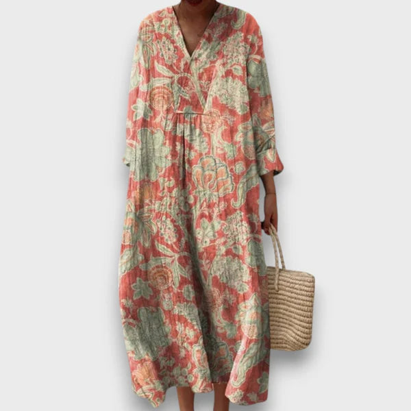 Thaleia – Vintage Çiçek Desenli Midi Elbise