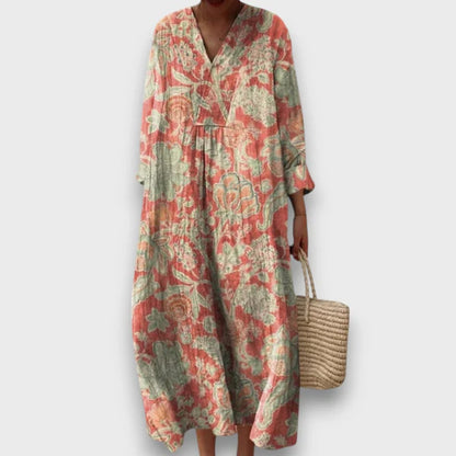 Thaleia – Vintage Çiçek Desenli Midi Elbise