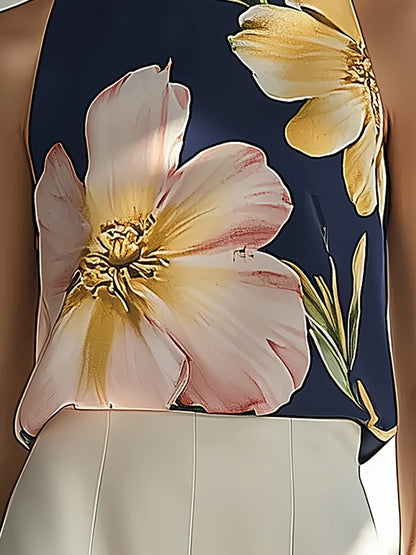 Çiçekli Lacivert Saten Kolsuz Üst