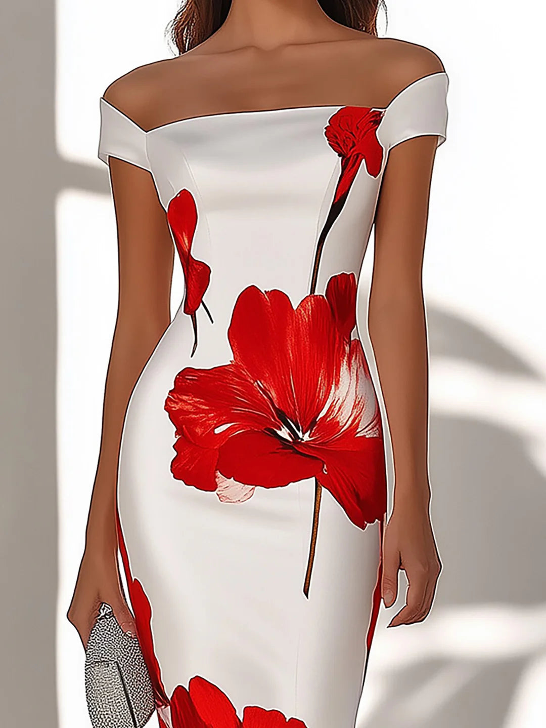 Kırmızı Çiçek Desenli Şık Beyaz Saten Elbise