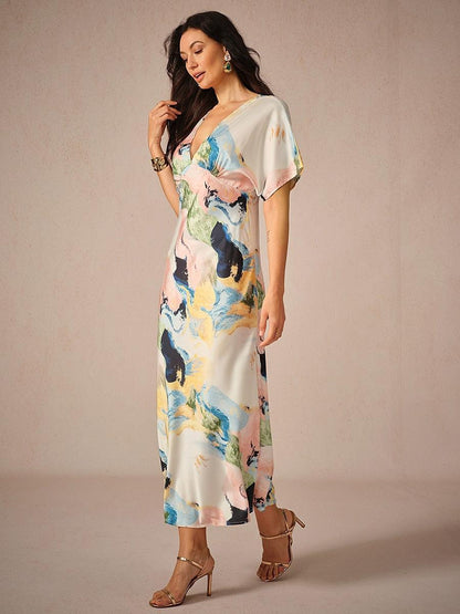 Mermer Desenli Saten Maxi Elbise