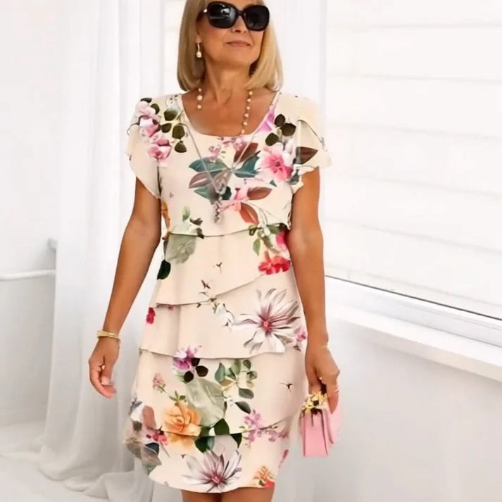 %50 İndirim!️ Çok Renkli Bitki Desenli Kat Kat Elbise