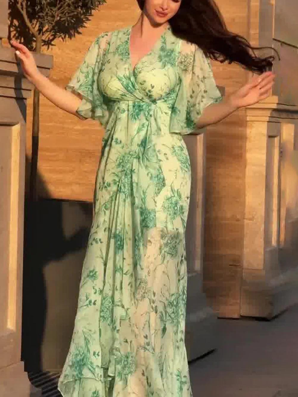 Retro V Yaka, Volan Kol Desenli Elbise