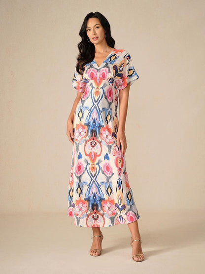 Mermer Desenli Saten Maxi Elbise