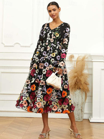 Bishop Kollu Çiçek İşlemeli Elbise