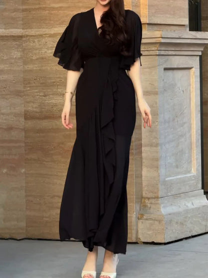 Retro V Yaka, Volan Kol Desenli Elbise