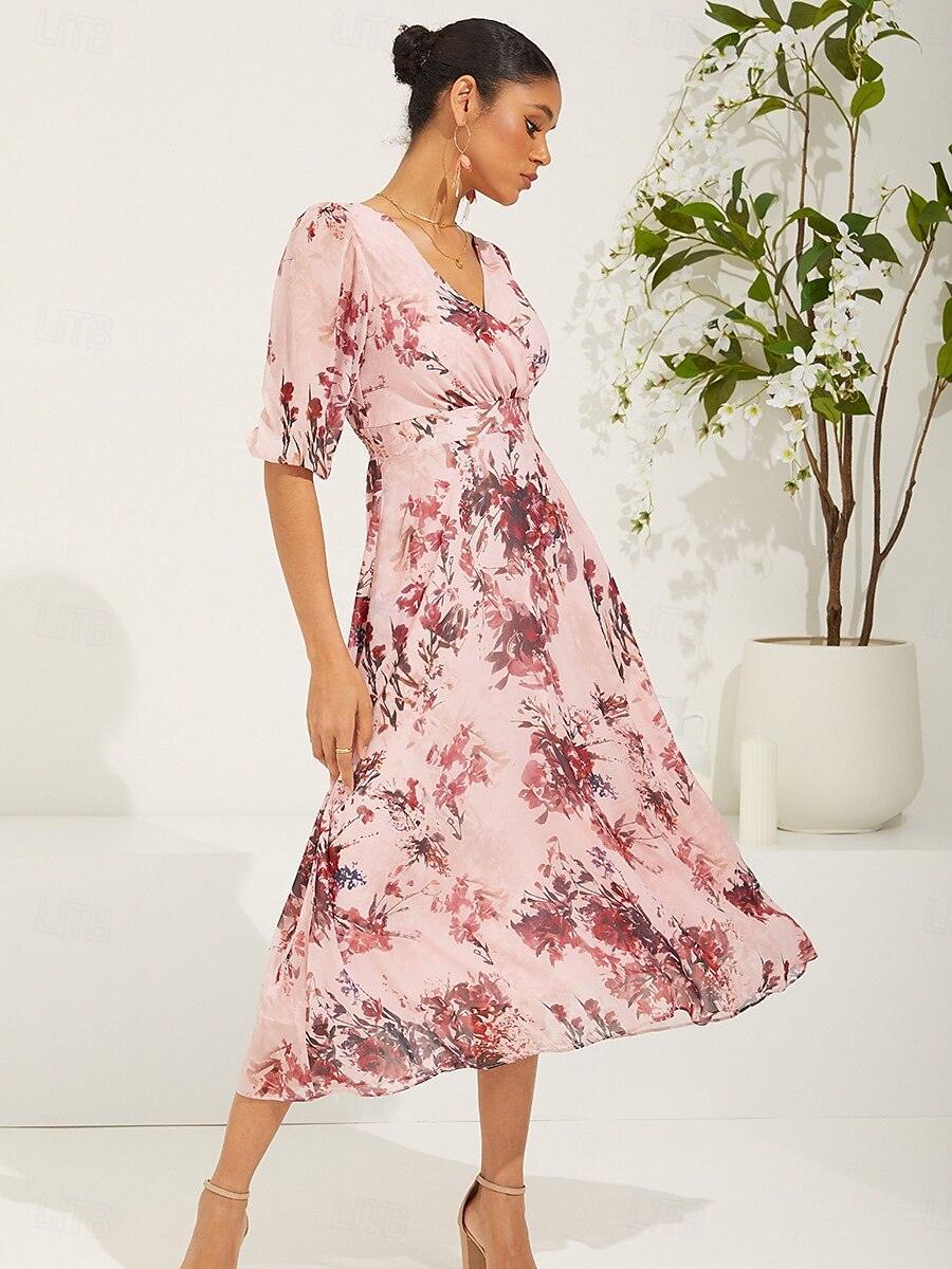 V Yaka Çiçek Desenli Şifon Elbise