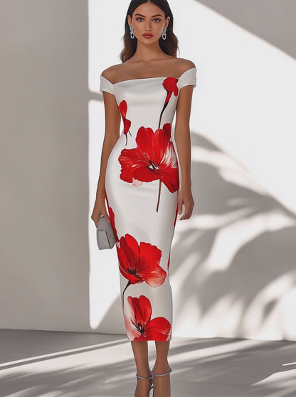 Kırmızı Çiçek Desenli Şık Beyaz Saten Elbise