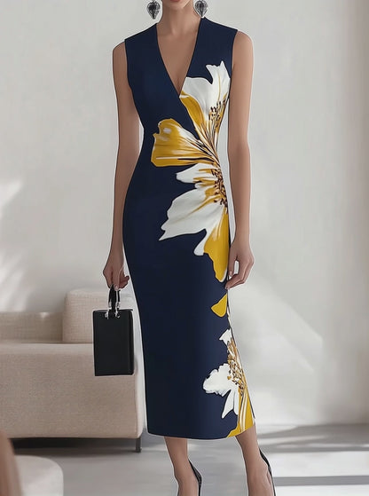 Lacivert V Yaka Çiçek Desenli Kolsuz Elbise