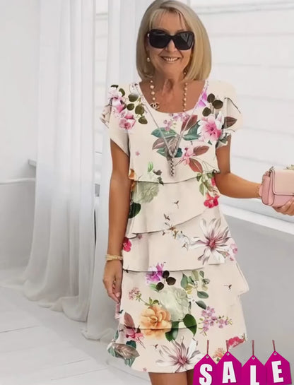 %50 İndirim!️ Çok Renkli Bitki Desenli Kat Kat Elbise