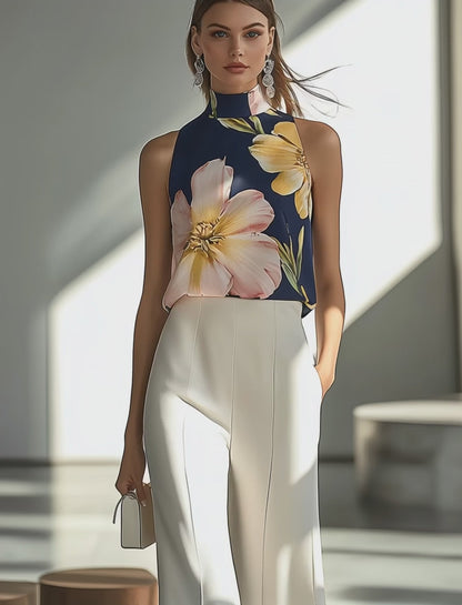 Çiçekli Lacivert Saten Kolsuz Üst